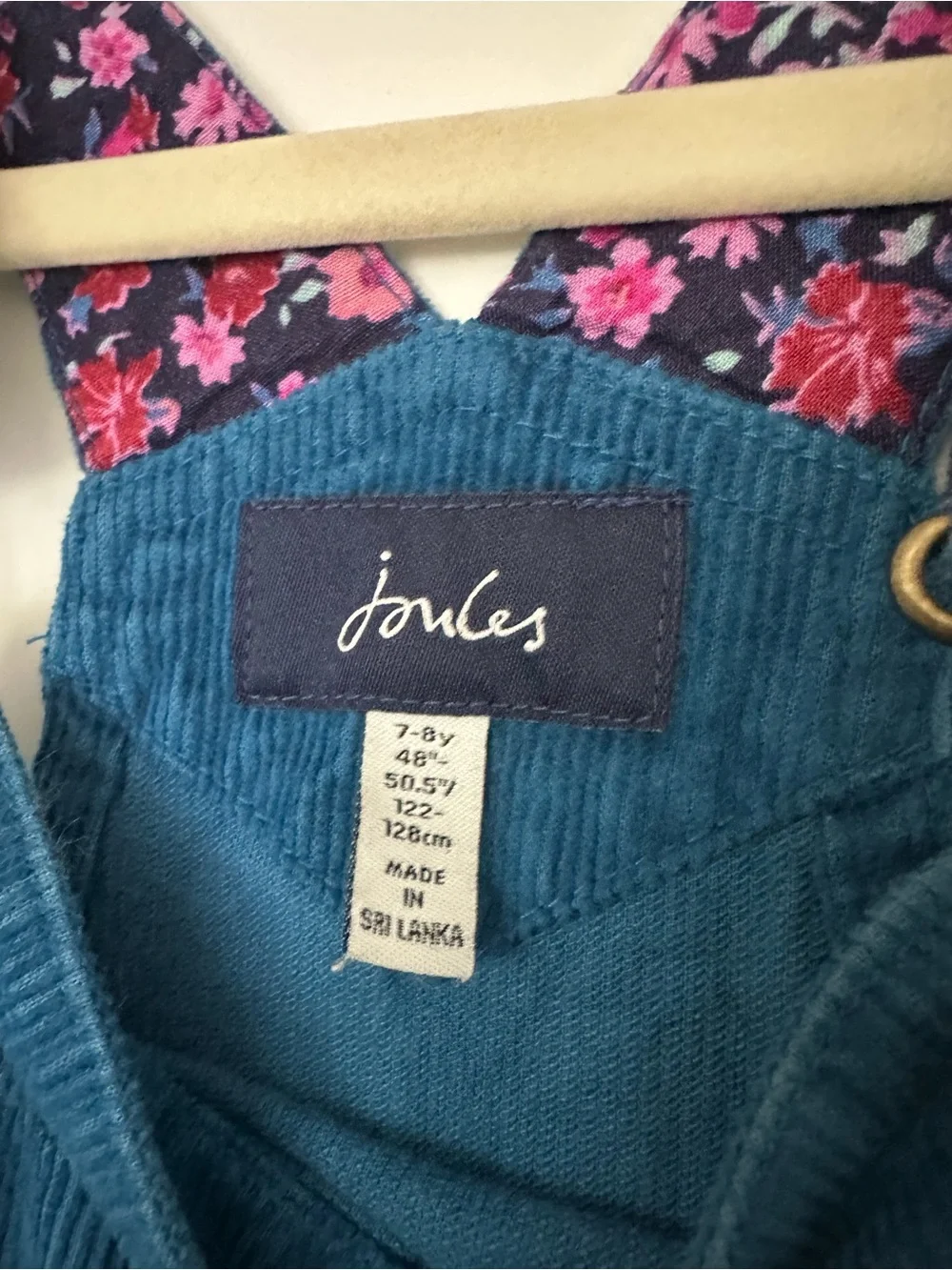 Joules Teal Corduroy Pinafore Dress with Floral Straps